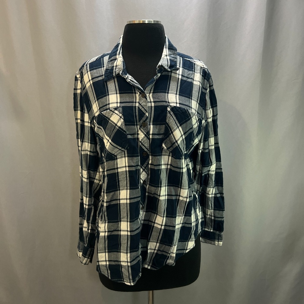 Faded Glory Flannel Shirt Womens Large 12-14 Navy White Plaid Cotton Button Up
